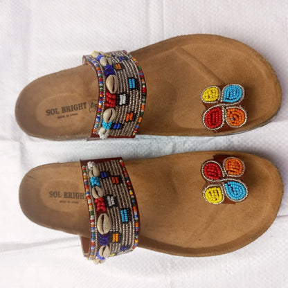 Handmade African Beaded Sandals/Authentic Maasai-Style Leather Flip-Flops Women/Boho Beach Sandals/Comfortable Summer Sandal African Gifts