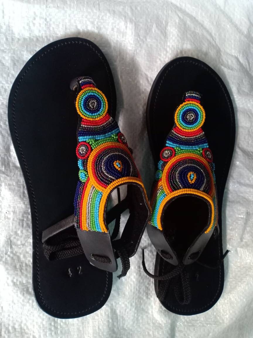 Handmade African Beaded Sandals/Authentic Maasai-Style Leather Flip-Flops Women/Boho Beach Sandals/Comfortable Summer Sandal African Gifts