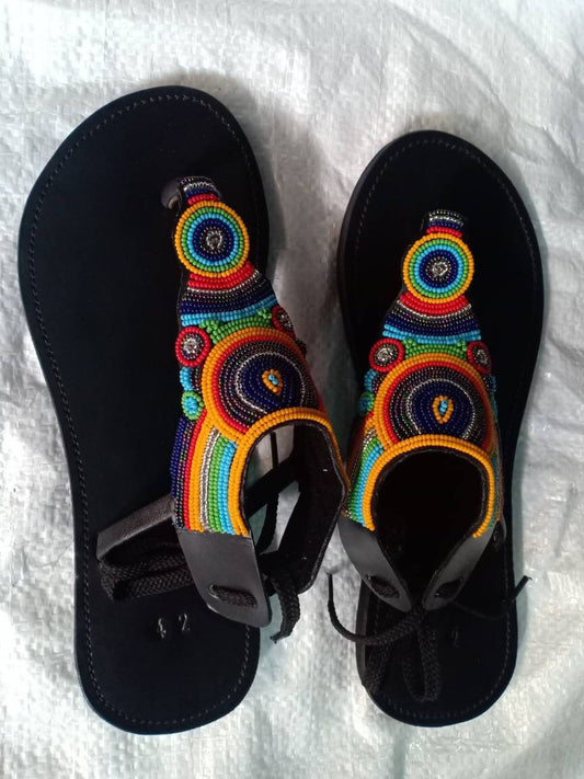 Handmade African Beaded Sandals/Authentic Maasai-Style Leather Flip-Flops Women/Boho Beach Sandals/Comfortable Summer Sandal African Gifts