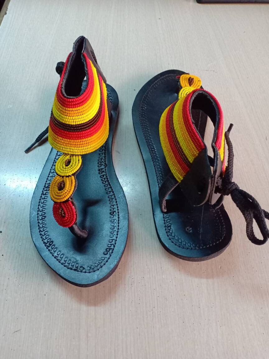 Handmade African Beaded Sandals/Authentic Maasai-Style Leather Flip-Flops Women/Boho Beach Sandals/Comfortable Summer Sandal African Gifts