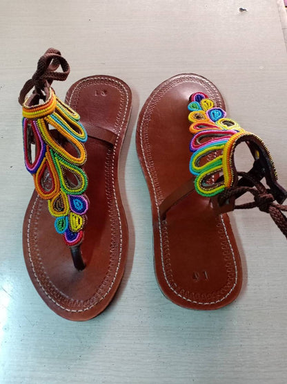Handmade African Beaded Sandals/Authentic Maasai-Style Leather Flip-Flops Women/Boho Beach Sandals/Comfortable Summer Sandal African Gifts