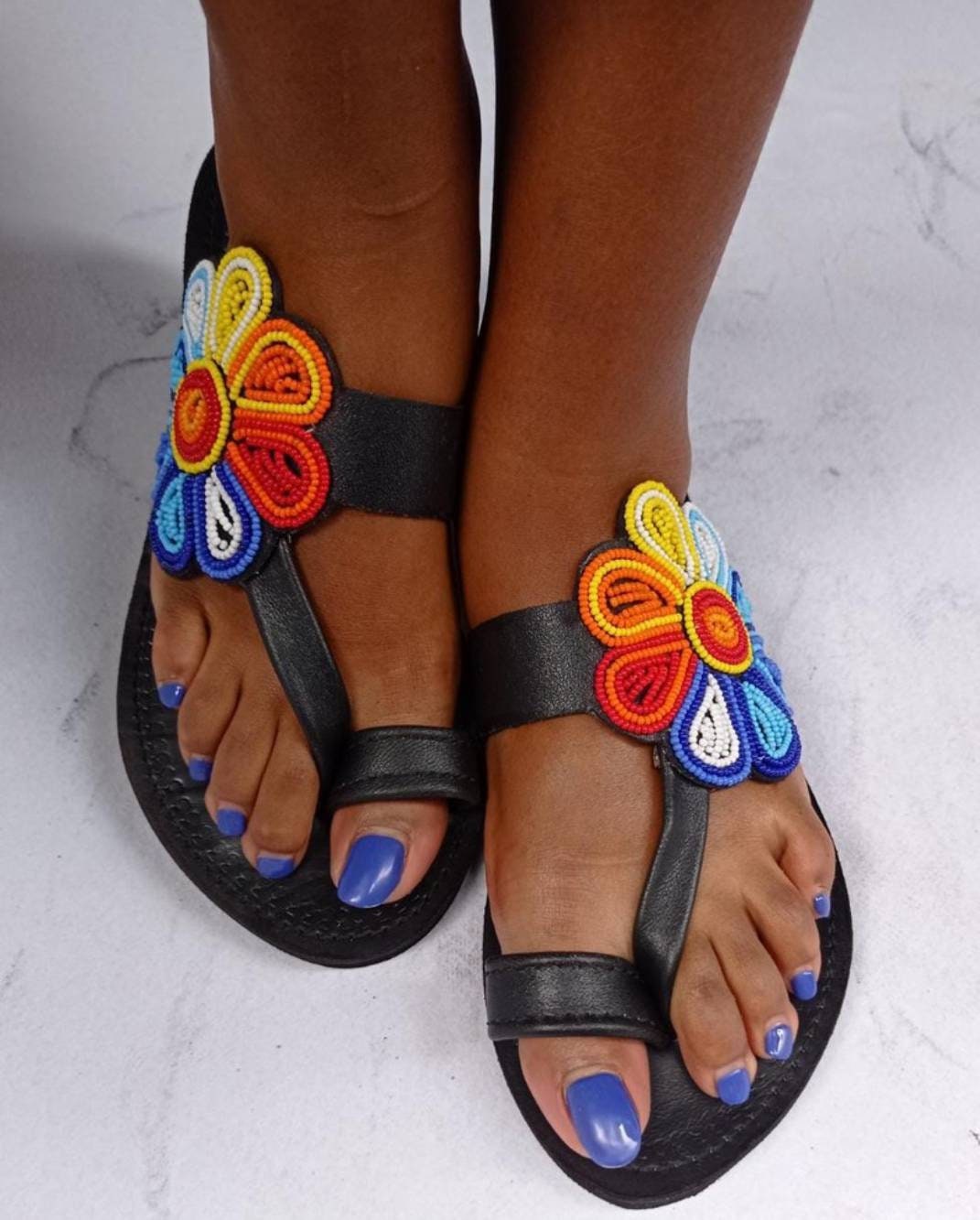 Handmade African Beaded Sandals/Authentic Maasai-Style Leather Flip-Flops Women/Boho Beach Sandals/Comfortable Summer Sandal African Gifts