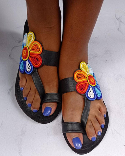 Handmade African Beaded Sandals/Authentic Maasai-Style Leather Flip-Flops Women/Boho Beach Sandals/Comfortable Summer Sandal African Gifts