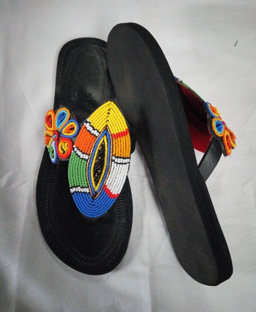 Handmade African Beaded Sandals/Authentic Maasai-Style Leather Flip-Flops Women/Boho Beach Sandals/Comfortable Summer Sandal African Gifts