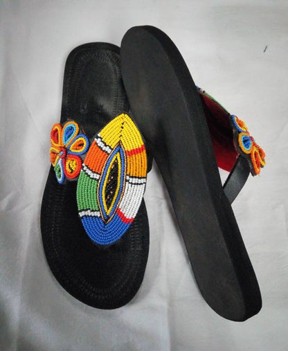 Handmade African Beaded Sandals/Authentic Maasai-Style Leather Flip-Flops Women/Boho Beach Sandals/Comfortable Summer Sandal African Gifts