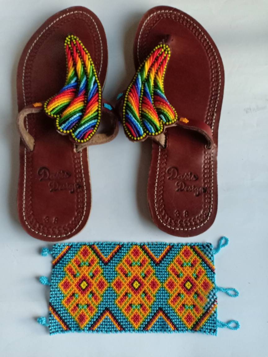 Handmade African Beaded Sandals/Authentic Maasai-Style Leather Flip-Flops Women/Boho Beach Sandals/Comfortable Summer Sandal African Gifts
