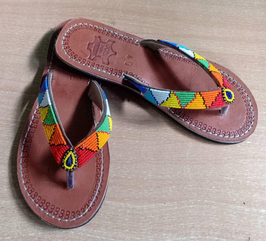 Handmade African Beaded Sandals/Authentic Maasai-Style Leather Flip-Flops Women/Boho Beach Sandals/Comfortable Summer Sandal African Gifts