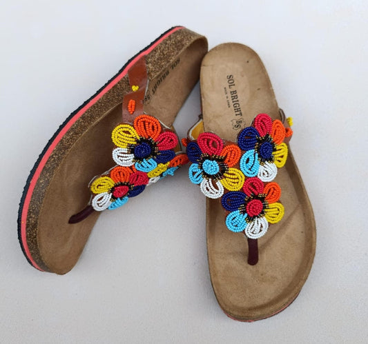 Handmade African Beaded Sandals/Authentic Maasai-Style Leather Flip-Flops Women/Boho Beach Sandals/Comfortable Summer Sandal African Gifts