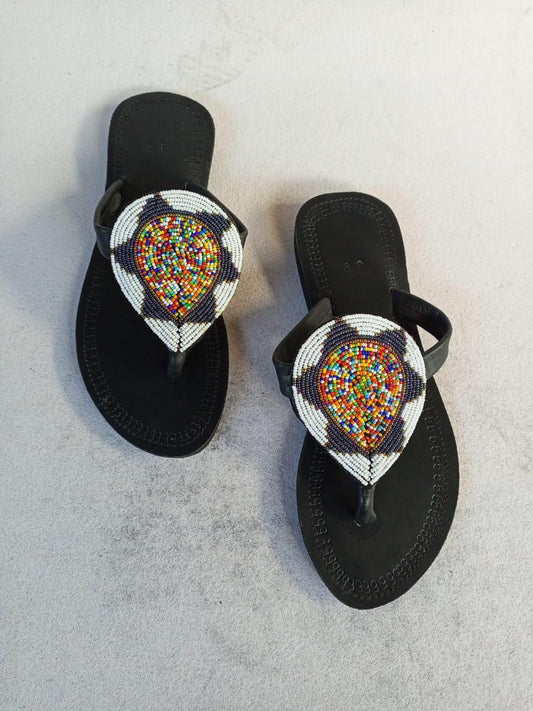 Handmade African Beaded Sandals/Authentic Maasai-Style Leather Flip-Flops Women/Boho Beach Sandals/Comfortable Summer Sandal African Gifts