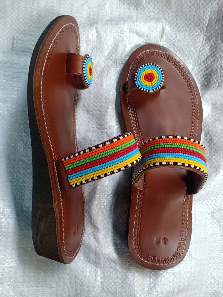 Handmade African Beaded Sandals/Authentic Maasai-Style Leather Flip-Flops Women/Boho Beach Sandals/Comfortable Summer Sandal African Gifts