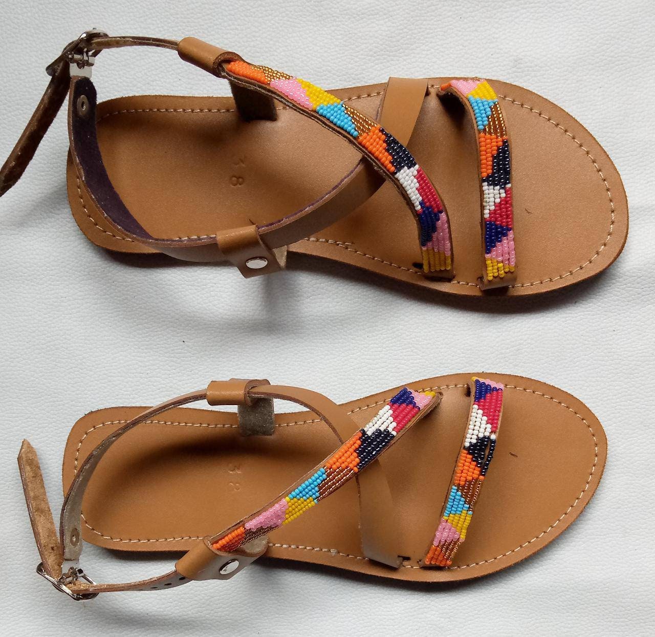 Handmade African Beaded Sandals/Authentic Maasai-Style Leather Flip-Flops Women/Boho Beach Sandals/Comfortable Summer Sandal African Gifts