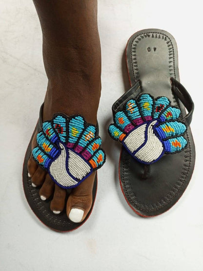 Handmade African Beaded Sandals/Authentic Maasai-Style Leather Flip-Flops Women/Boho Beach Sandals/Comfortable Summer Sandal African Gifts