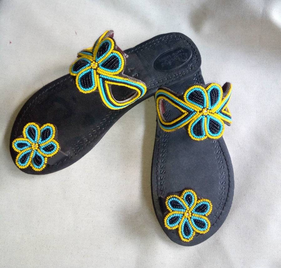 Handmade African Beaded Sandals/Authentic Maasai-Style Leather Flip-Flops Women/Boho Beach Sandals/Comfortable Summer Sandal African Gifts