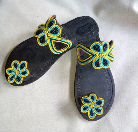 Handmade African Beaded Sandals/Authentic Maasai-Style Leather Flip-Flops Women/Boho Beach Sandals/Comfortable Summer Sandal African Gifts