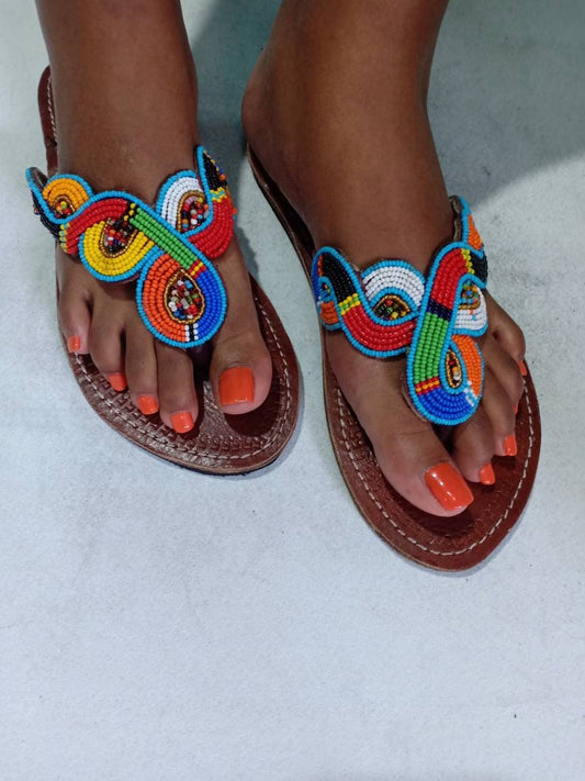 Handmade African Beaded Sandals/Authentic Maasai-Style Leather Flip-Flops Women/Boho Beach Sandals/Comfortable Summer Sandal African Gifts