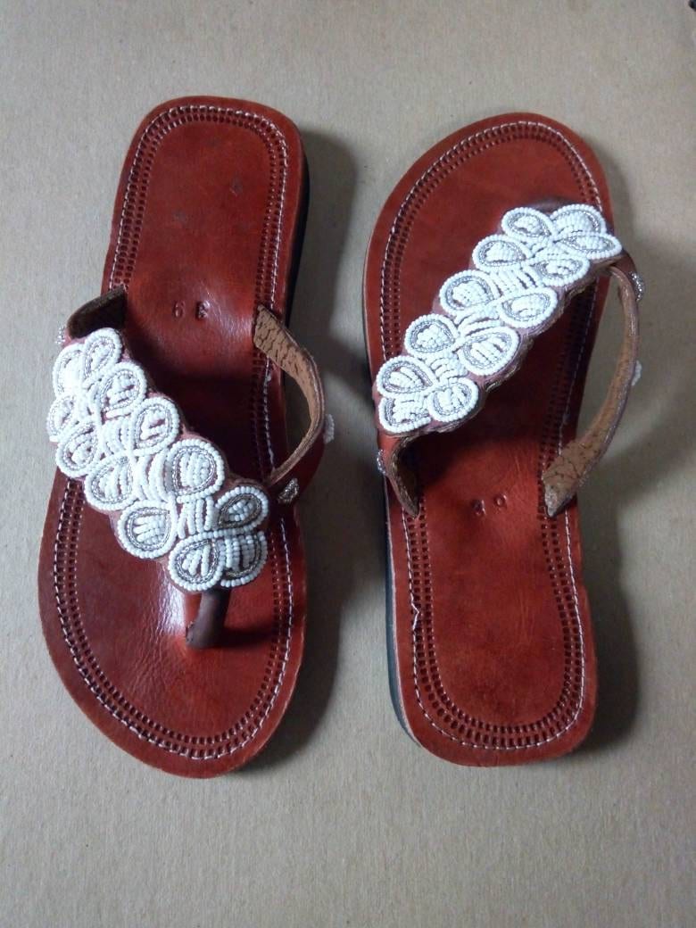 Handmade African Beaded Sandals/Authentic Maasai-Style Leather Flip-Flops Women/Boho Beach Sandals/Comfortable Summer Sandal African Gifts