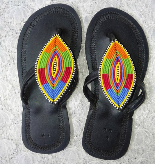 Handmade African Beaded Sandals/Authentic Maasai-Style Leather Flip-Flops Women/Boho Beach Sandals/Comfortable Summer Sandal African Gifts