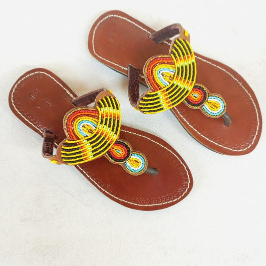 Handmade African Beaded Sandals/Authentic Maasai-Style Leather Flip-Flops Women/Boho Beach Sandals/Comfortable Summer Sandal African Gifts