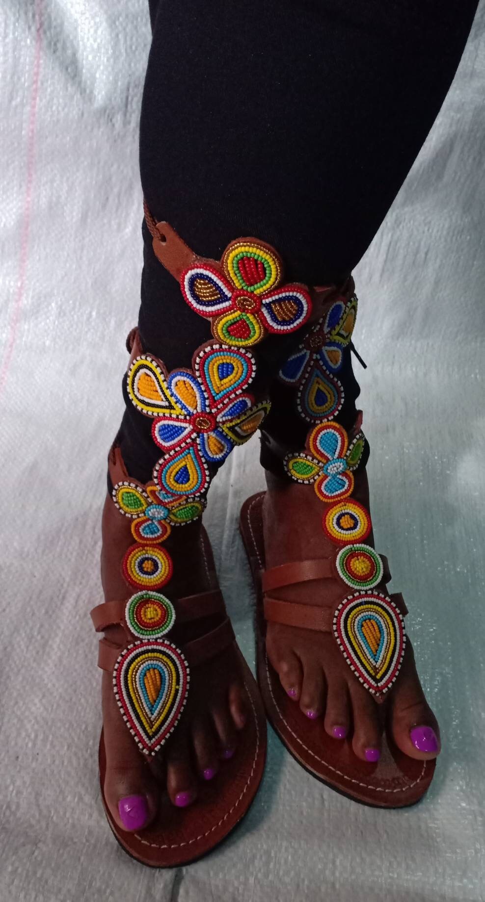 Handmade African Beaded Sandals/Authentic Maasai-Style Leather Flip-Flops Women/Boho Beach Sandals/Comfortable Summer Sandal African Gifts