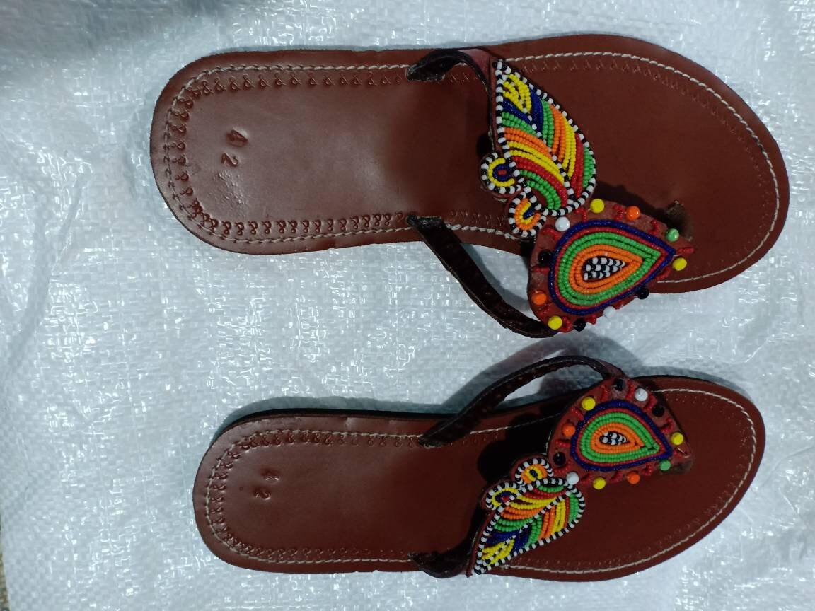 Handmade African Beaded Sandals/Authentic Maasai-Style Leather Flip-Flops Women/Boho Beach Sandals/Comfortable Summer Sandal African Gifts