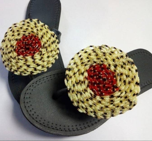 Handmade African Beaded Sandals/Authentic Maasai-Style Leather Flip-Flops Women/Boho Beach Sandals/Comfortable Summer Sandal African Gifts