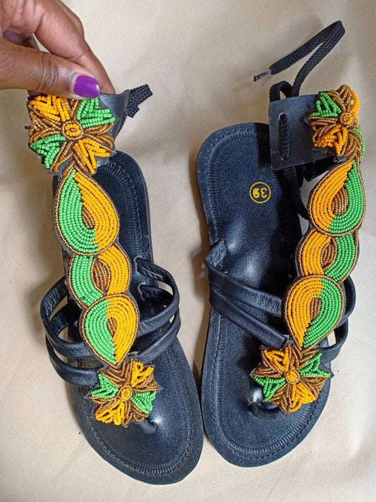 Handmade African Beaded Sandals/Authentic Maasai-Style Leather Flip-Flops Women/Boho Beach Sandals/Comfortable Summer Sandal African Gifts