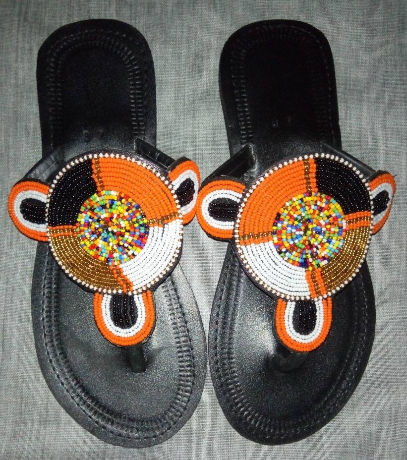 Handmade African Beaded Sandals/Authentic Maasai-Style Leather Flip-Flops Women/Boho Beach Sandals/Comfortable Summer Sandal African Gifts