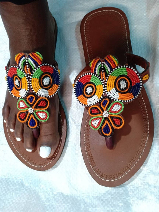 Handmade African Beaded Sandals/Authentic Maasai-Style Leather Flip-Flops Women/Boho Beach Sandals/Comfortable Summer Sandal African Gifts