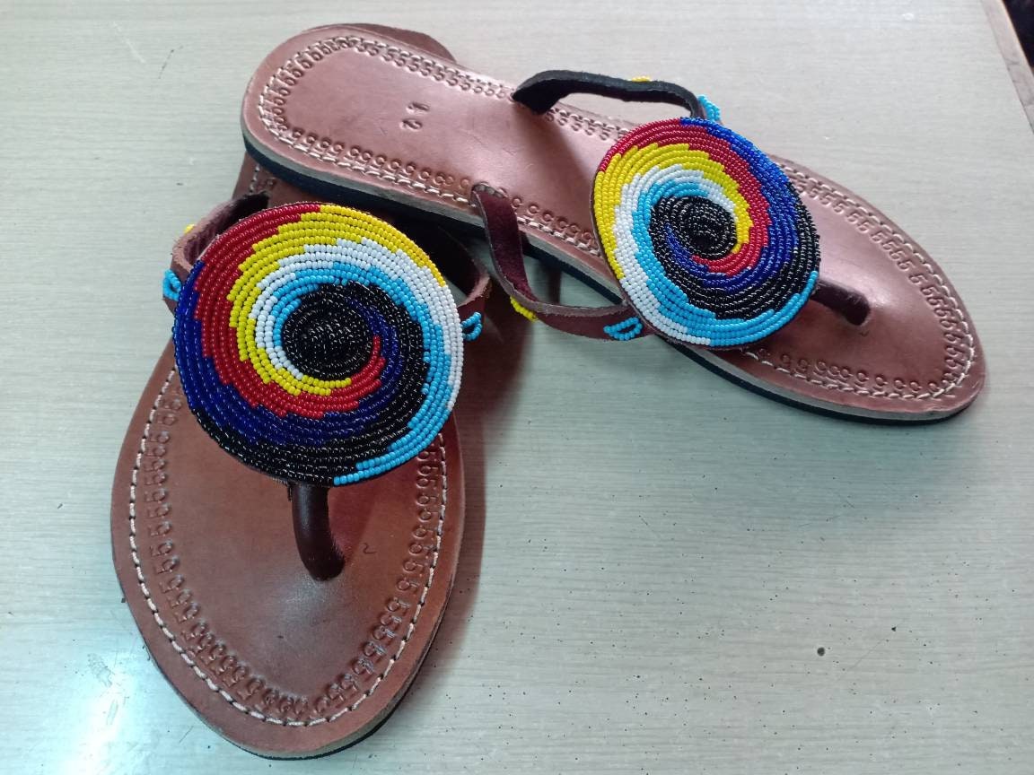 Handmade African Beaded Sandals/Authentic Maasai-Style Leather Flip-Flops Women/Boho Beach Sandals/Comfortable Summer Sandal African Gifts