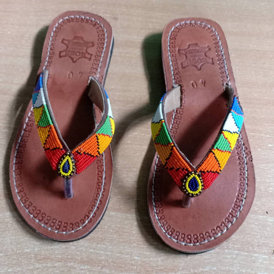 Handmade African Beaded Sandals/Authentic Maasai-Style Leather Flip-Flops Women/Boho Beach Sandals/Comfortable Summer Sandal African Gifts