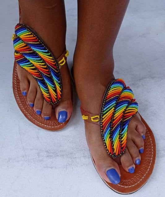 Handmade African Beaded Sandals/Authentic Maasai-Style Leather Flip-Flops Women/Boho Beach Sandals/Comfortable Summer Sandal African Gifts