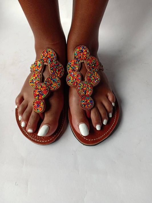 Handmade African Beaded Sandals/Authentic Maasai-Style Leather Flip-Flops Women/Boho Beach Sandals/Comfortable Summer Sandal African Gifts