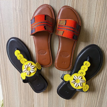 Handmade African Beaded Sandals/Authentic Maasai-Style Leather Flip-Flops Women/Boho Beach Sandals/Comfortable Summer Sandal African Gifts