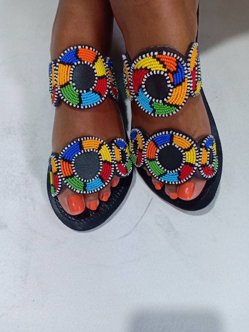 Handmade African Beaded Sandals/Authentic Maasai-Style Leather Flip-Flops Women/Boho Beach Sandals/Comfortable Summer Sandal African Gifts