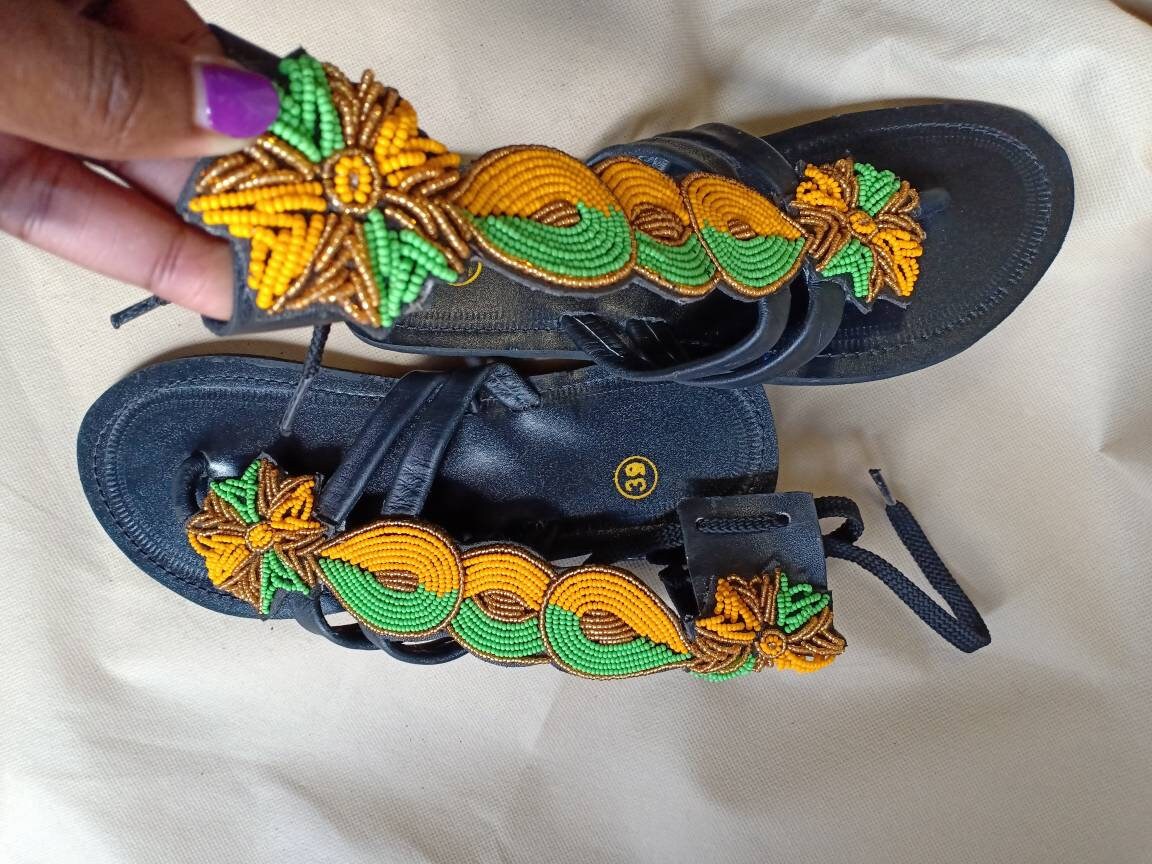 Handmade African Beaded Sandals/Authentic Maasai-Style Leather Flip-Flops Women/Boho Beach Sandals/Comfortable Summer Sandal African Gifts