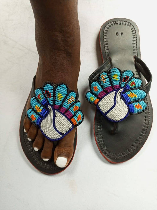 Handmade African Beaded Sandals/Authentic Maasai-Style Leather Flip-Flops Women/Boho Beach Sandals/Comfortable Summer Sandal African Gifts