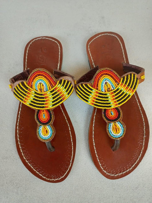 Handmade African Beaded Sandals/Authentic Maasai-Style Leather Flip-Flops Women/Boho Beach Sandals/Comfortable Summer Sandal African Gifts