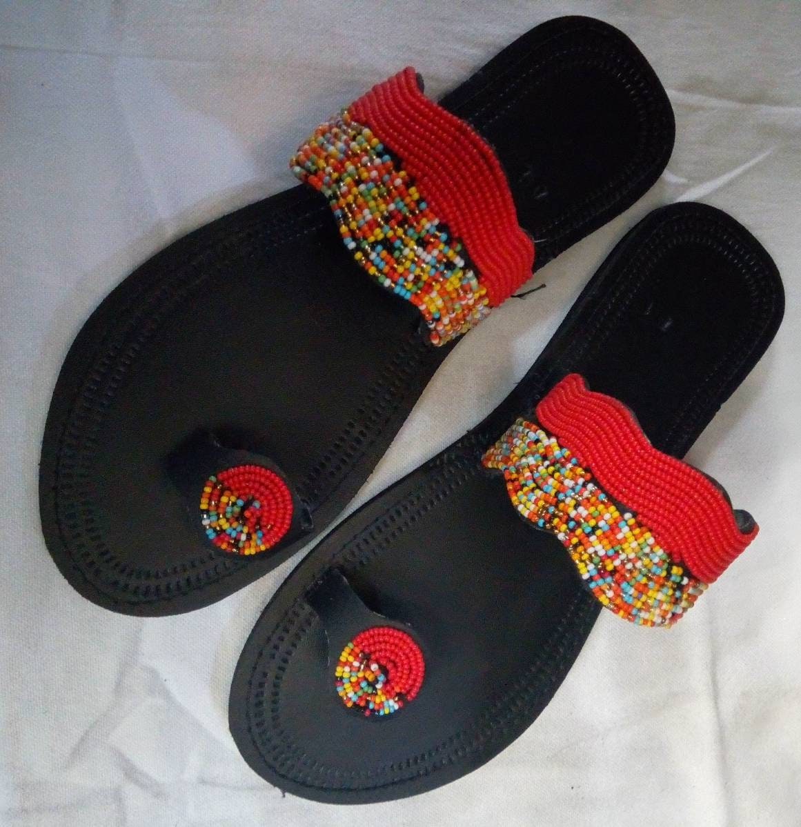 Handmade African Beaded Sandals/Authentic Maasai-Style Leather Flip-Flops Women/Boho Beach Sandals/Comfortable Summer Sandal African Gifts