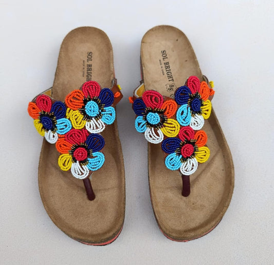 Handmade African Beaded Sandals/Authentic Maasai-Style Leather Flip-Flops Women/Boho Beach Sandals/Comfortable Summer Sandal African Gifts