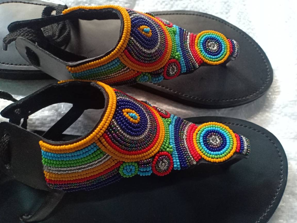 Handmade African Beaded Sandals/Authentic Maasai-Style Leather Flip-Flops Women/Boho Beach Sandals/Comfortable Summer Sandal African Gifts