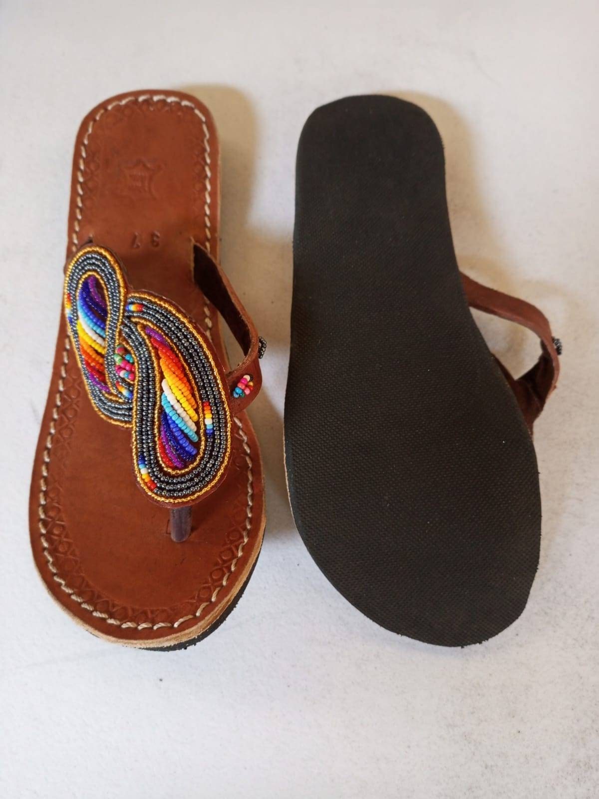 Handmade African Beaded Sandals/Authentic Maasai-Style Leather Flip-Flops Women/Boho Beach Sandals/Comfortable Summer Sandal African Gifts