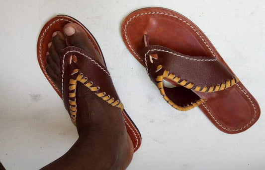 Handmade African Men's Sandals/Genuine Leather Beaded Flip-Flops/Comfortable Summer Sandals for Men/African Shoes/Unique Gift for Him