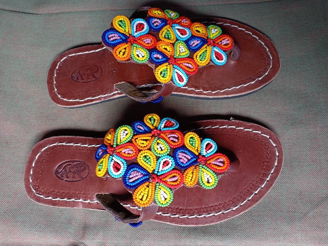 Handmade African Beaded Sandals/Authentic Maasai-Style Leather Flip-Flops Women/Boho Beach Sandals/Comfortable Summer Sandal African Gifts