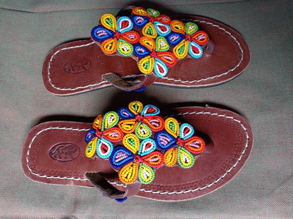 Handmade African Beaded Sandals/Authentic Maasai-Style Leather Flip-Flops Women/Boho Beach Sandals/Comfortable Summer Sandal African Gifts