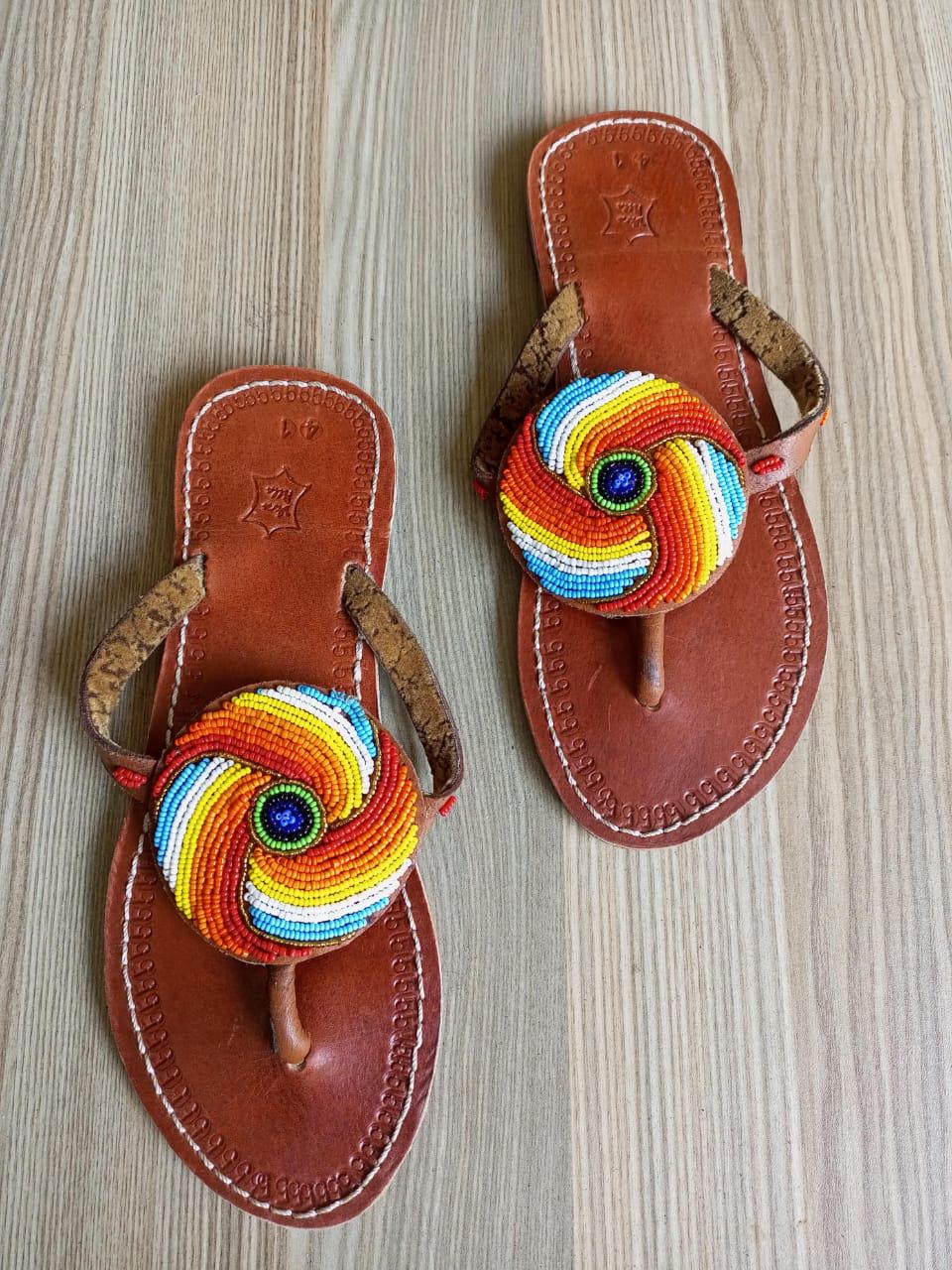 Handmade African Beaded Sandals/Authentic Maasai-Style Leather Flip-Flops Women/Boho Beach Sandals/Comfortable Summer Sandal African Gifts
