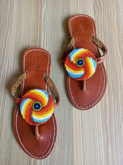 Handmade African Beaded Sandals/Authentic Maasai-Style Leather Flip-Flops Women/Boho Beach Sandals/Comfortable Summer Sandal African Gifts