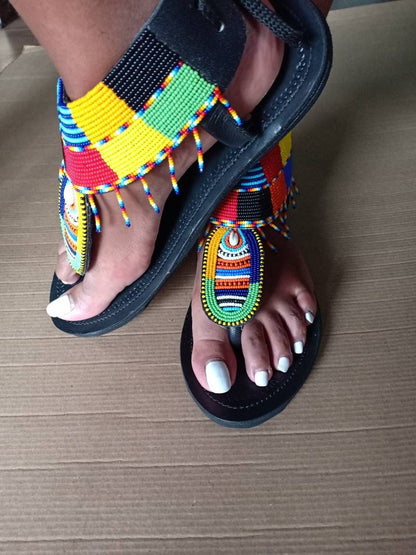 Handmade African Beaded Sandals/Authentic Maasai-Style Leather Flip-Flops Women/Boho Beach Sandals/Comfortable Summer Sandal African Gifts