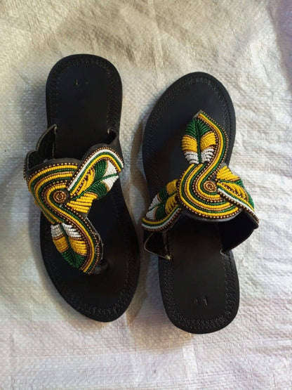 Handmade African Beaded Sandals/Authentic Maasai-Style Leather Flip-Flops Women/Boho Beach Sandals/Comfortable Summer Sandal African Gifts