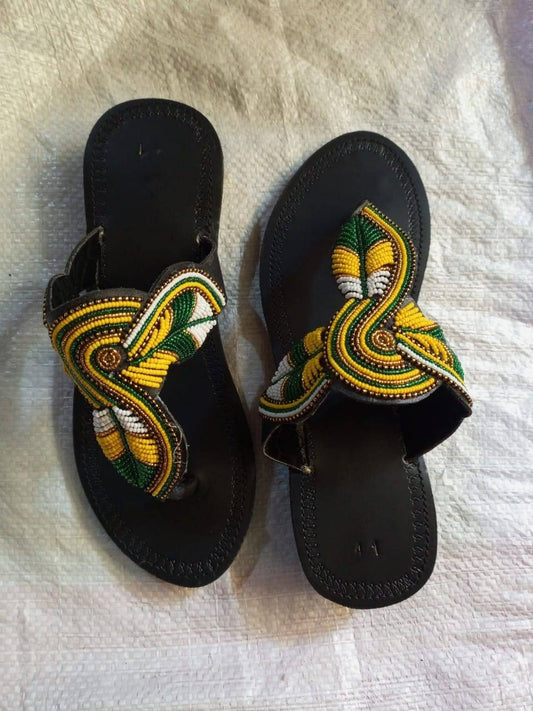 Handmade African Beaded Sandals/Authentic Maasai-Style Leather Flip-Flops Women/Boho Beach Sandals/Comfortable Summer Sandal African Gifts