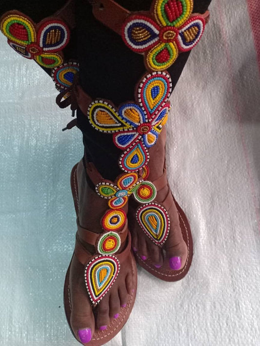 Handmade African Beaded Sandals/Authentic Maasai-Style Leather Flip-Flops Women/Boho Beach Sandals/Comfortable Summer Sandal African Gifts